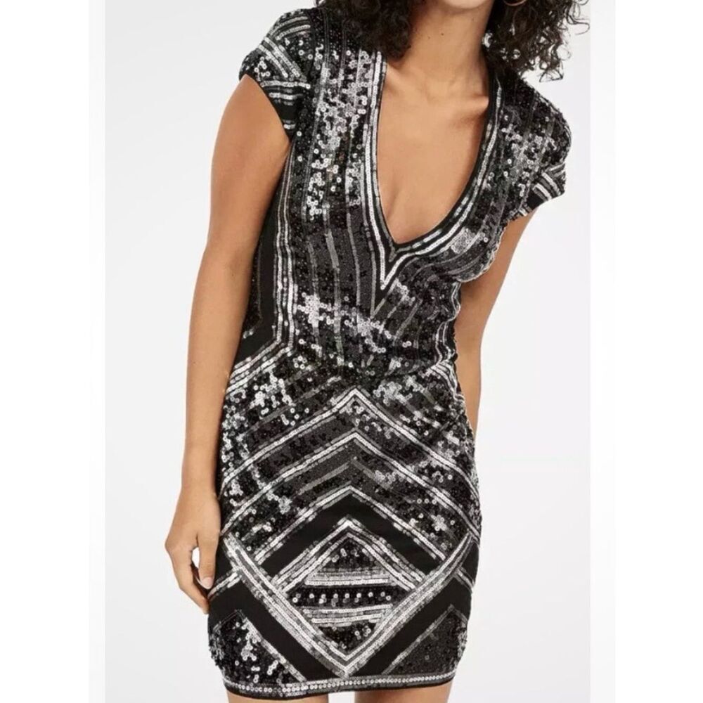 Express Black Silver Sequin Geometric Glamour Mini Cocktail Evening Dress XL